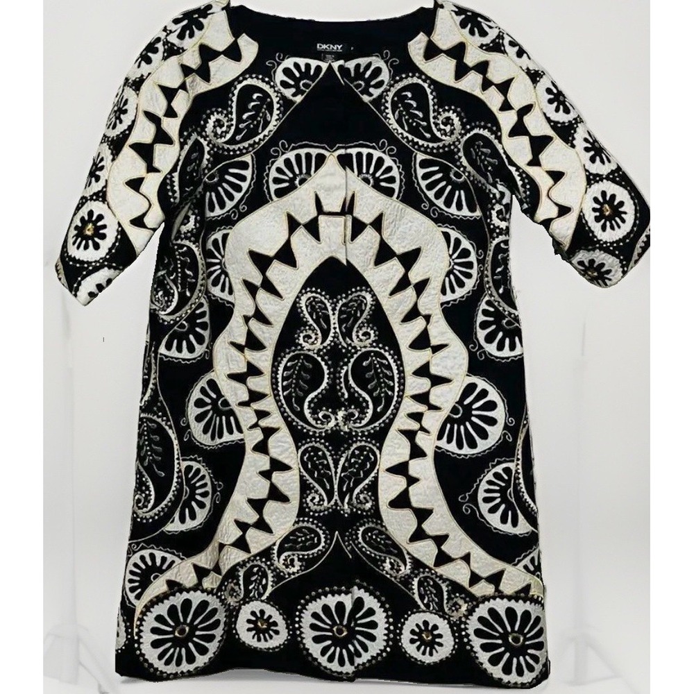 DKNY Women's Black and White Embroidered Dress Coat Size Petite S